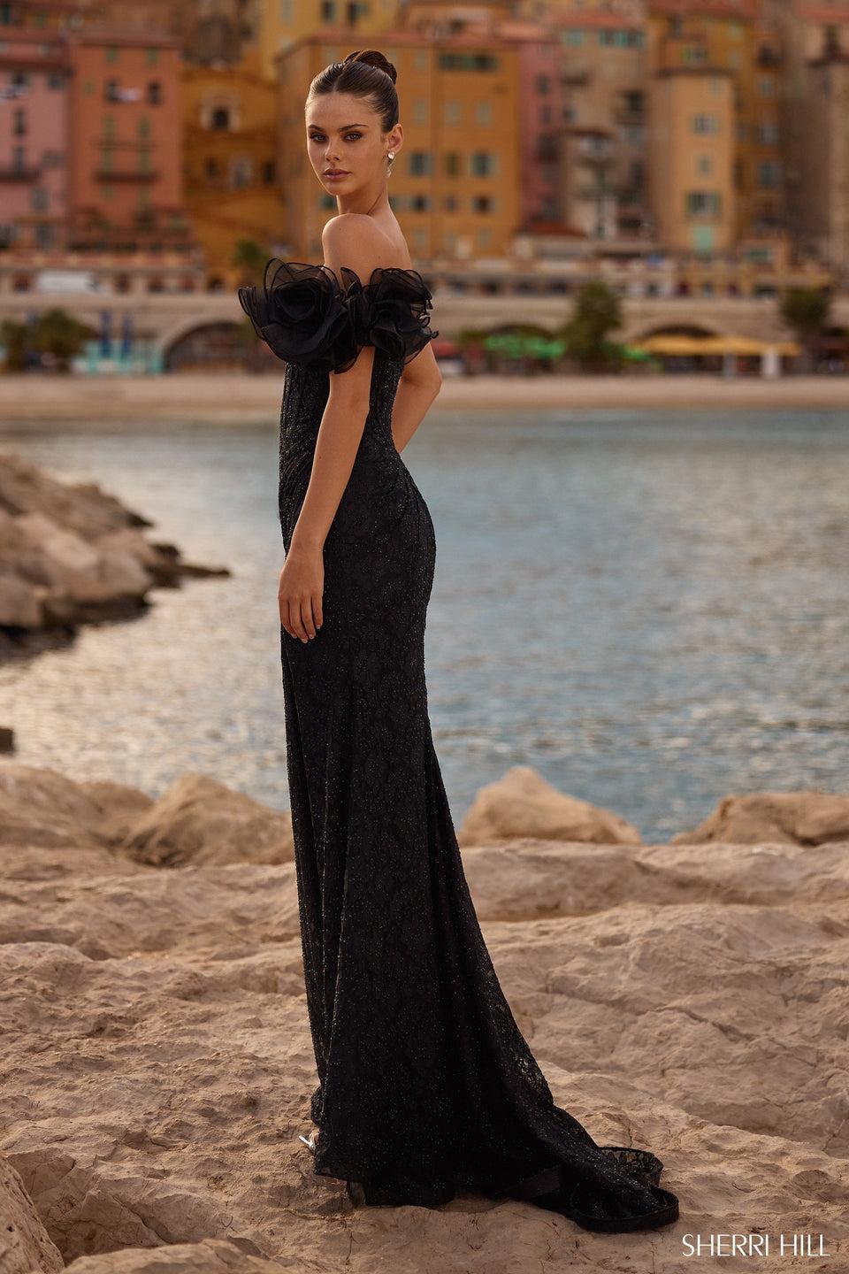 Sherri Hill Stretch Lace Gown With One Shoulder 3D Organza Flower And Skirt Slit