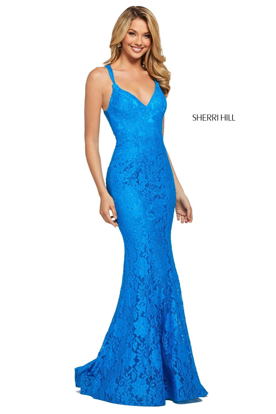 Sherri Hill Stretch Lace Mermaid Dress With V Neckline Open Criss Cross Back And Ruched Lower Back