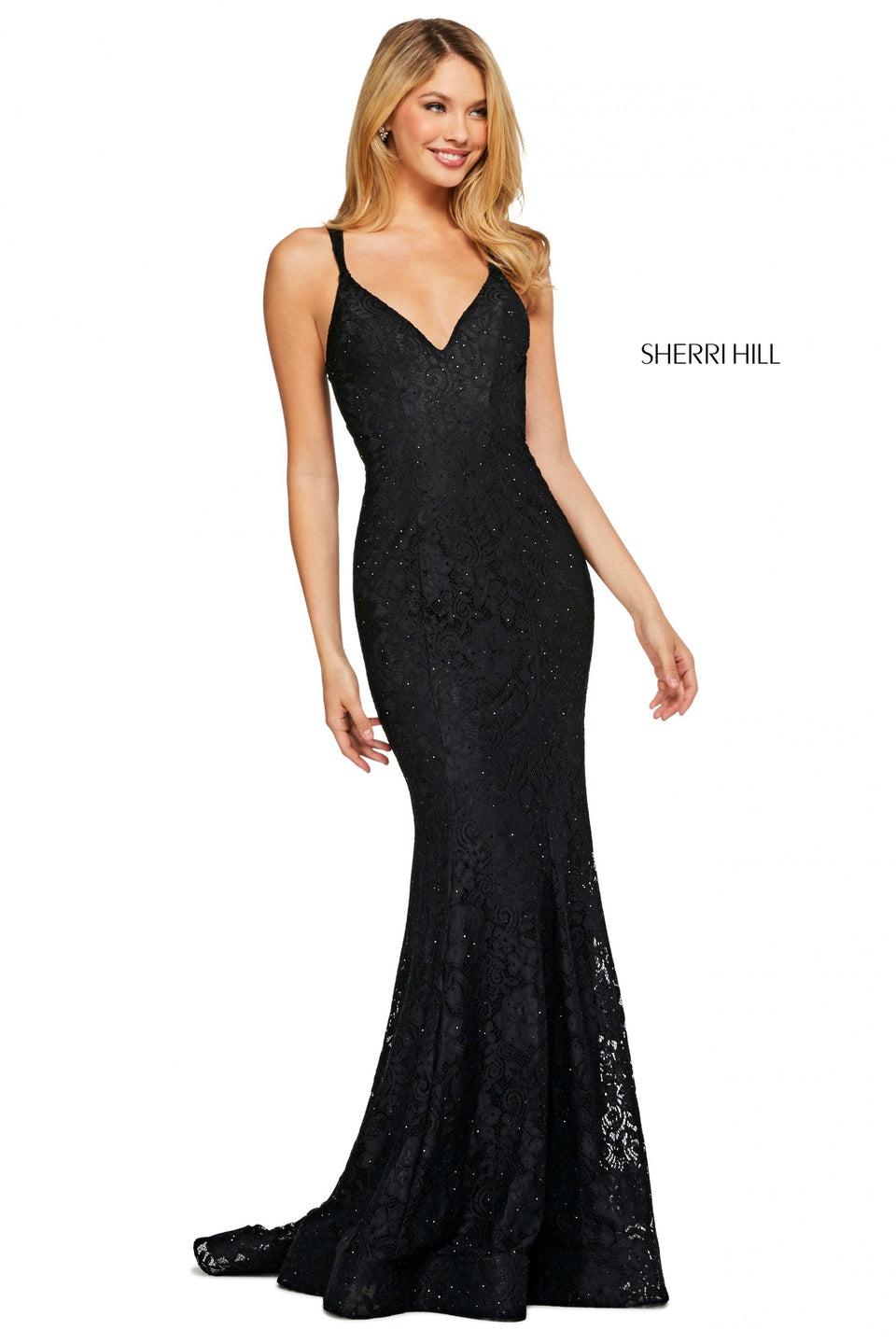 Sherri Hill Stretch Lace Mermaid Dress With V Neckline Open Criss Cross Back And Ruched Lower Back