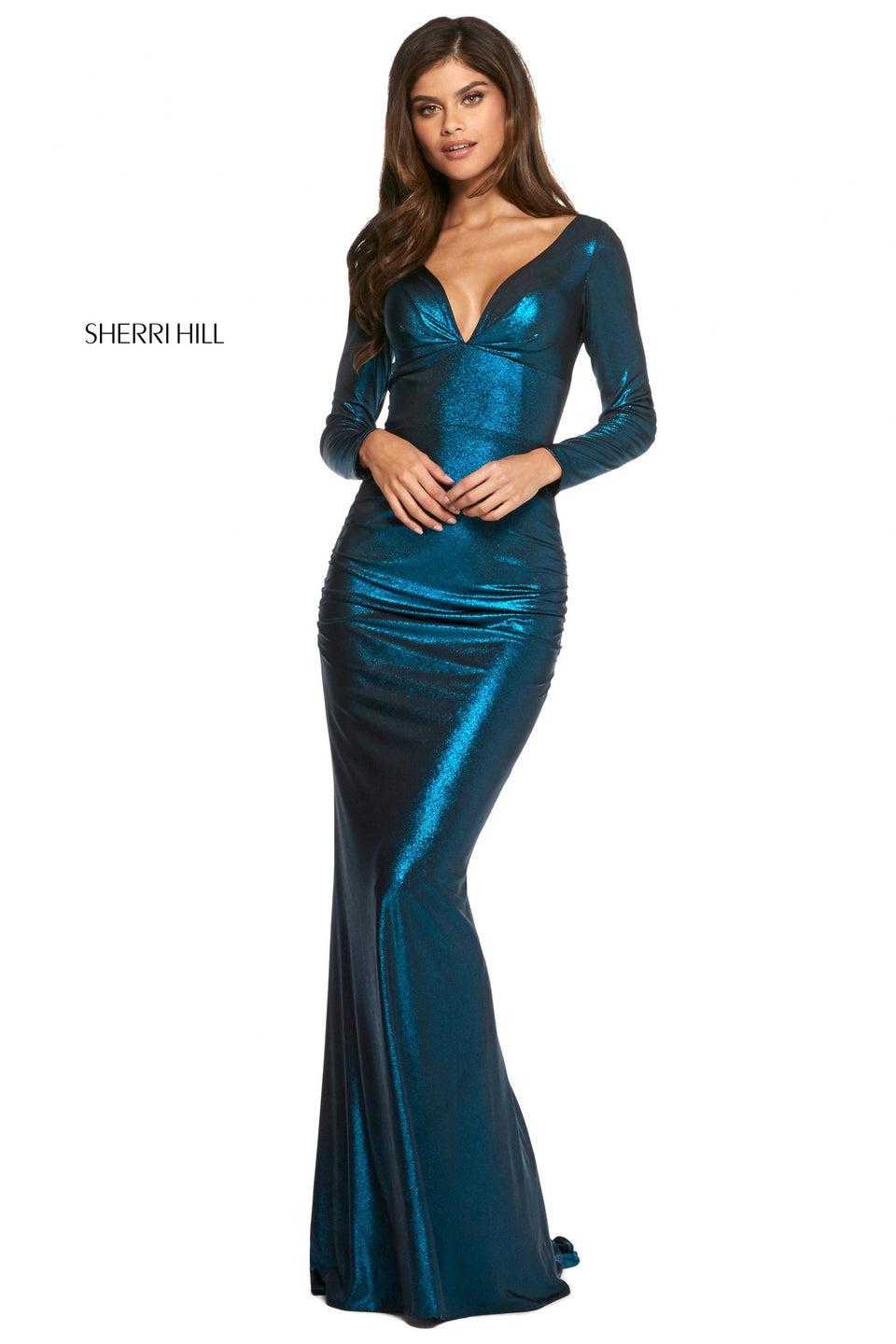 Sherri Hill Stretch Rich Metallic Gown With Deep V Neckline Long Sleeves And Open Lace Up Back