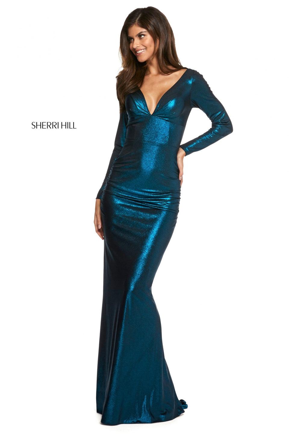 Sherri Hill Stretch Rich Metallic Gown With Deep V Neckline Long Sleeves And Open Lace Up Back