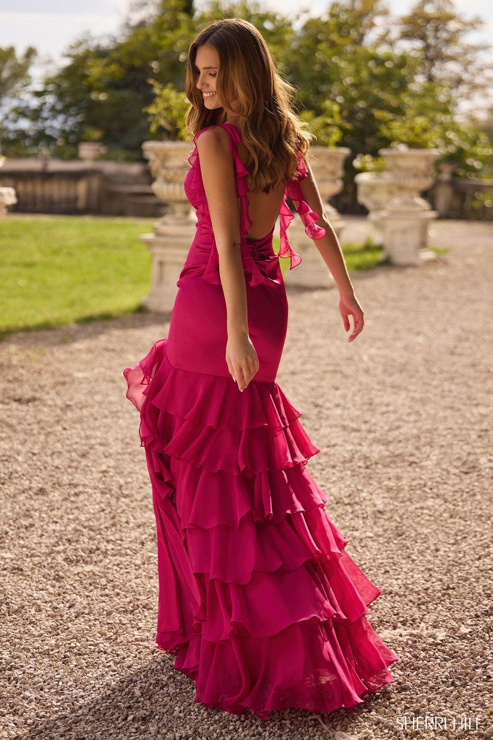 Sherri Hill Stretch Satin Fitted Gown With Chiffon Ruffle Skirt Slit