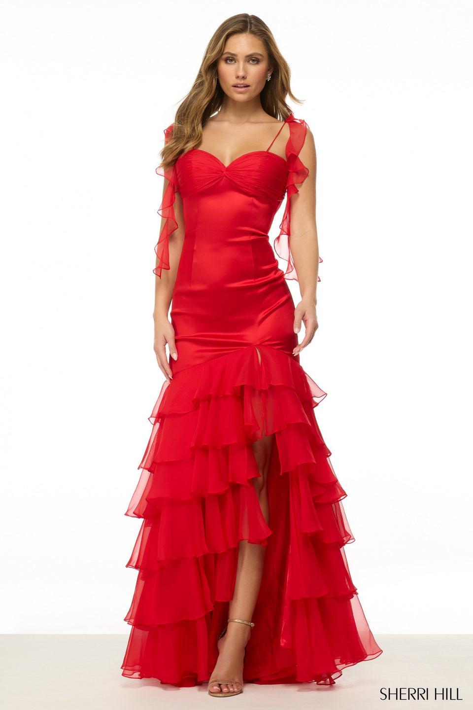 Sherri Hill Stretch Satin Fitted Gown With Chiffon Ruffle Skirt Slit