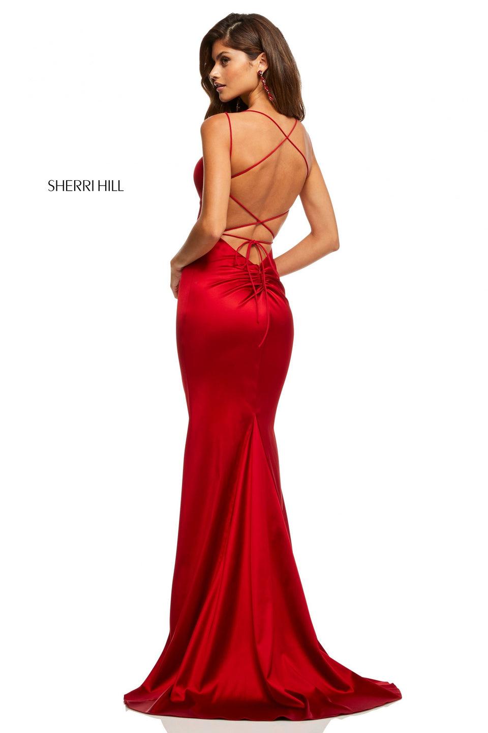 Sherri Hill Stretch Satin Fitted Gown With Lace Up Back And Ruched Back Skirt