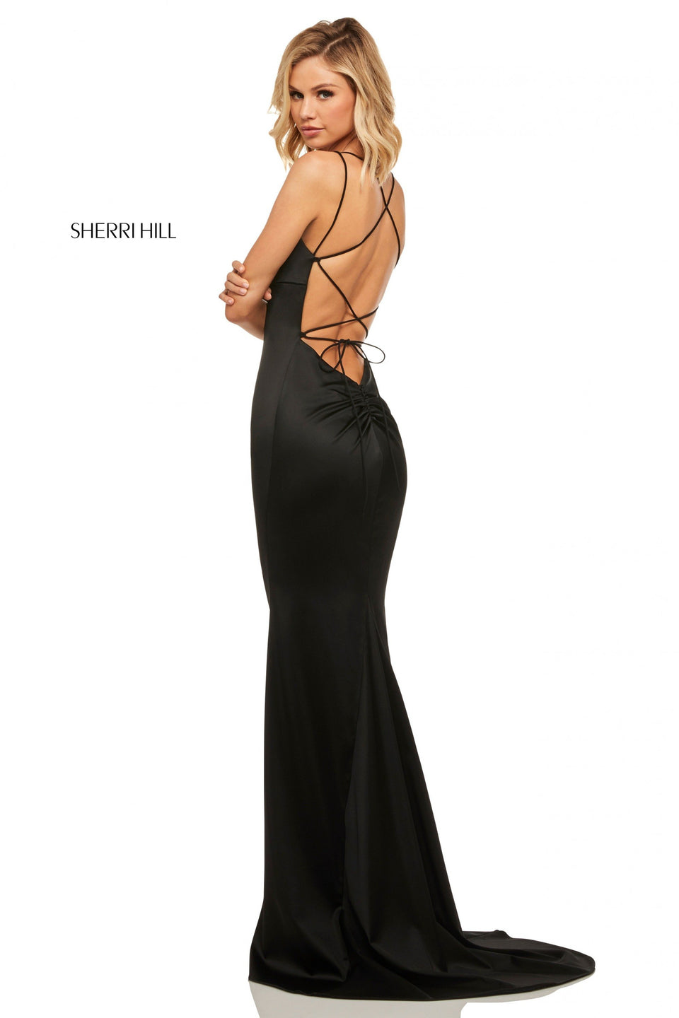 sherri hill Stretch satin fitted gown with lace up back and ruched back skirt