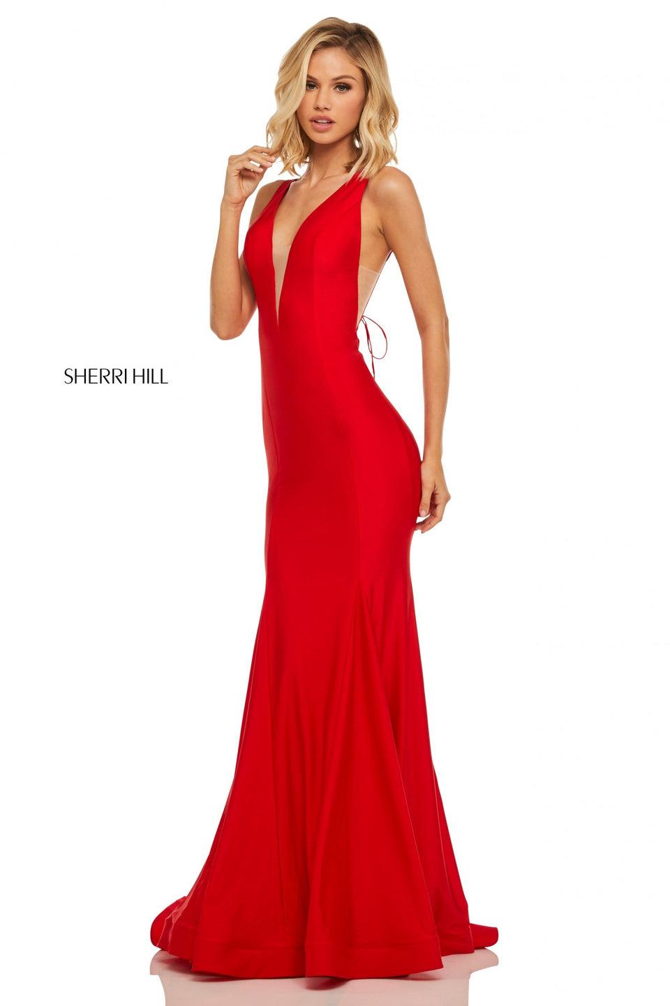 Sherri Hill Stretch Satin Mermaid With An Illusion Plunging Neckline And Lace Up Back