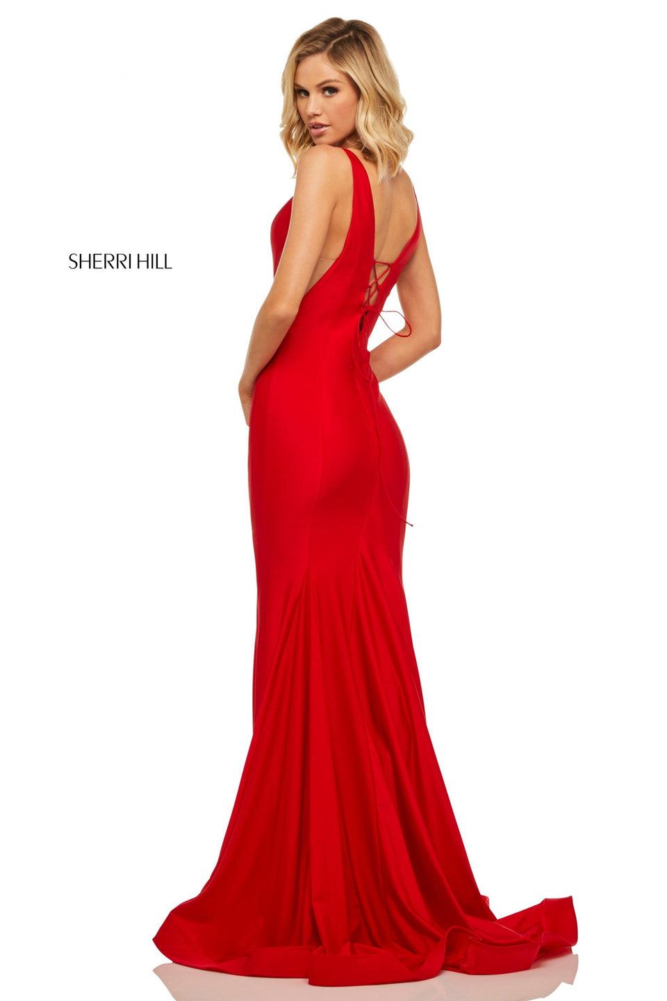 Sherri Hill Stretch Satin Mermaid With An Illusion Plunging Neckline And Lace Up Back