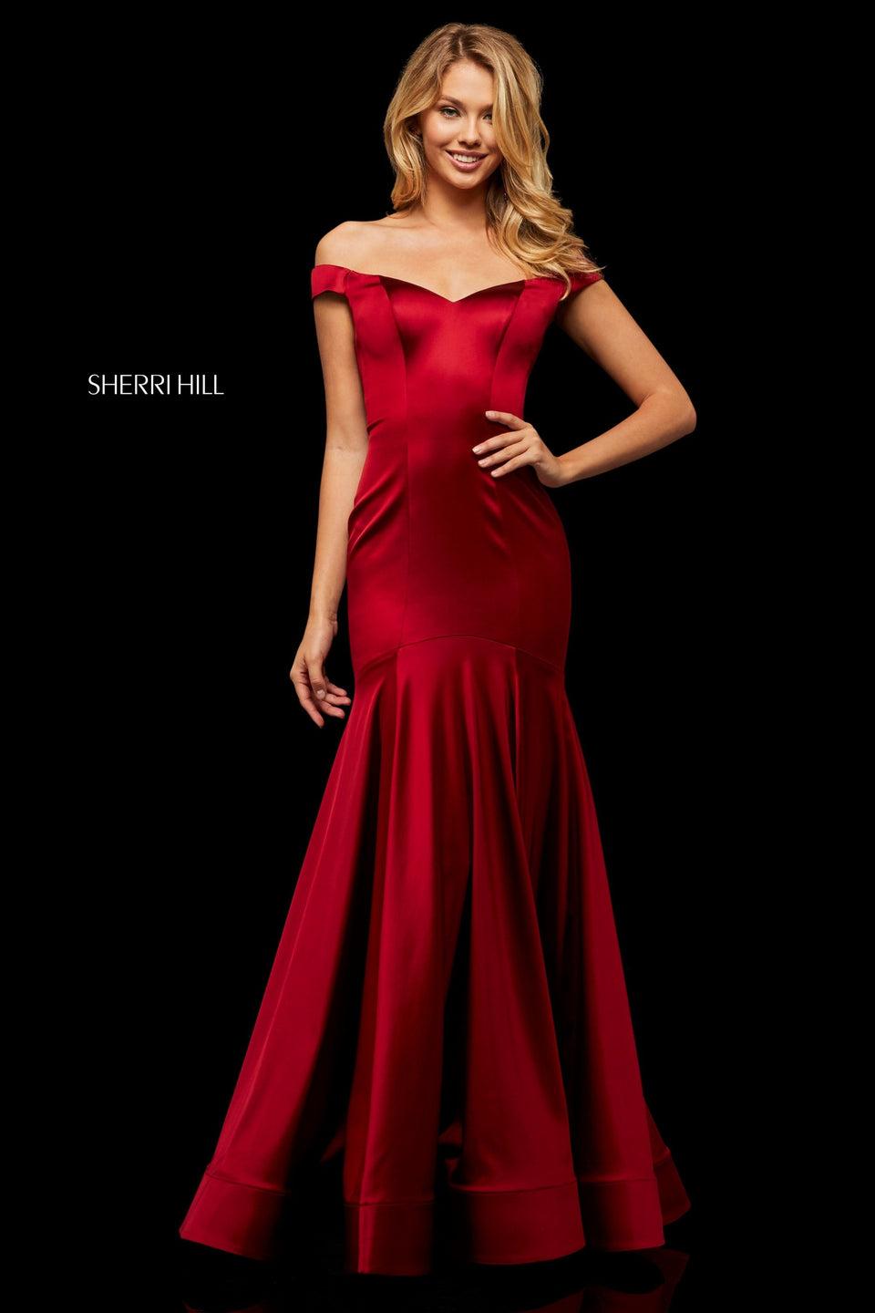 sherri hill Stretch satin mermaid with off-the-shoulder bodice