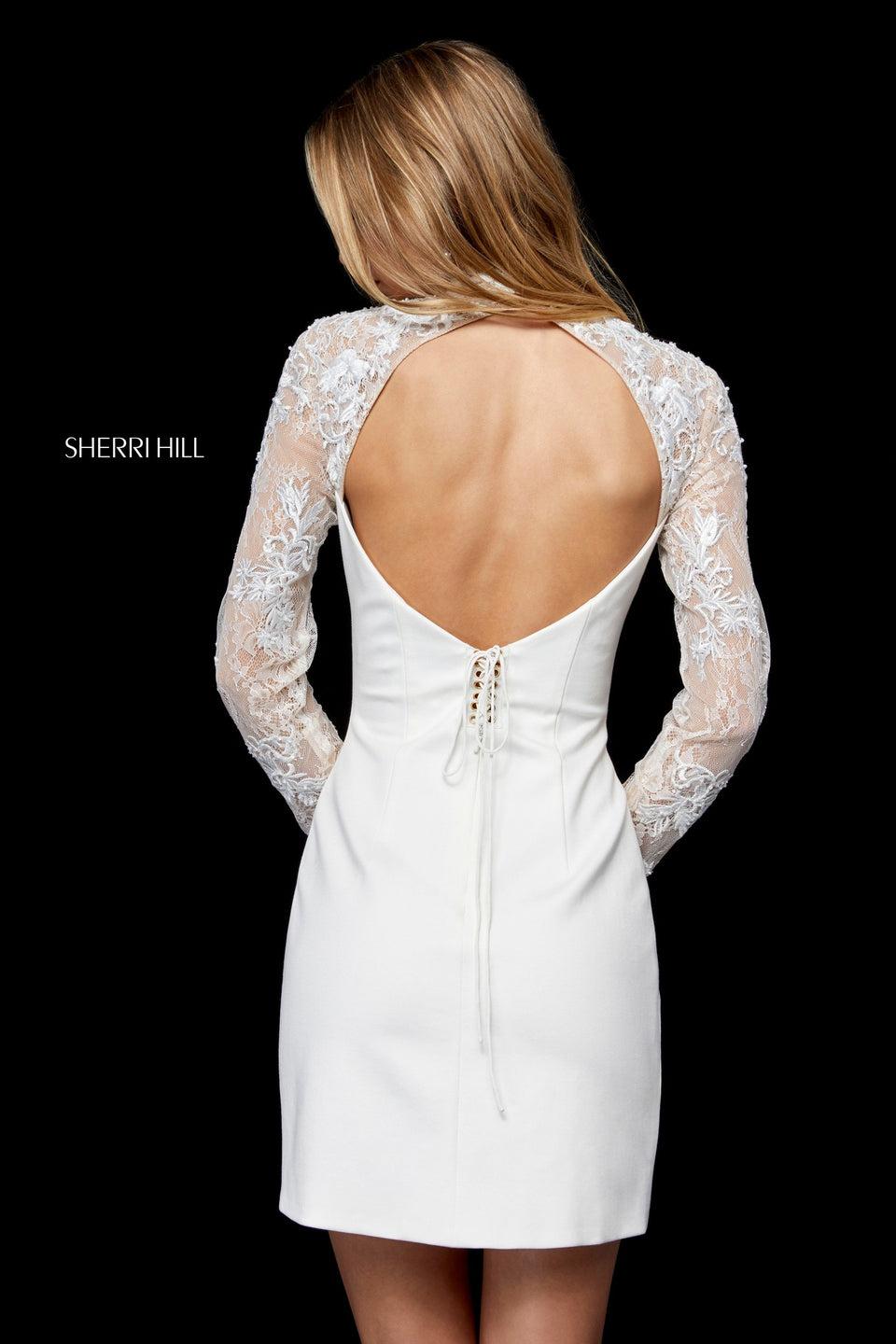 Sherri Hill Stretch Scuba Cocktail Dress With Lace Sleeves And High Neck