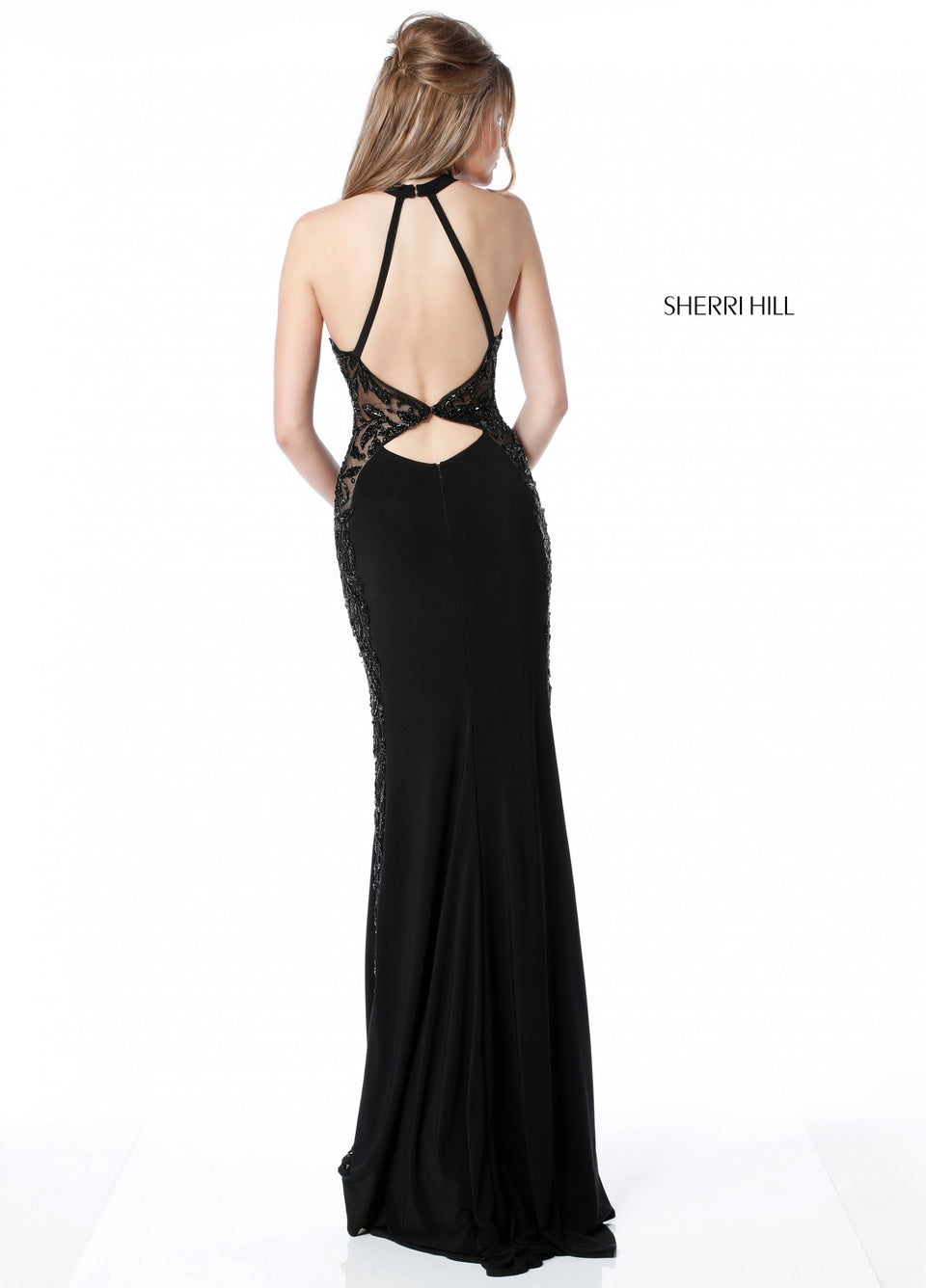 Sherri Hill Stretch Scuba Gown With Bead Appliqued Sides Neck And Back Straps