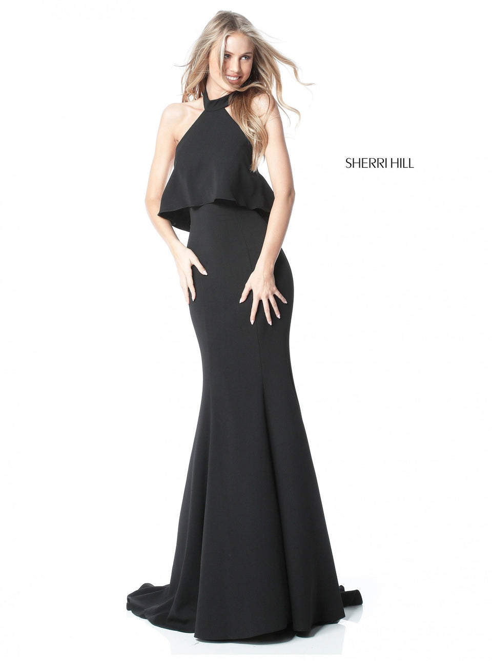 Sherri Hill Stretch Scuba Gown With Halter Bodice And Ruffle Waist And Back