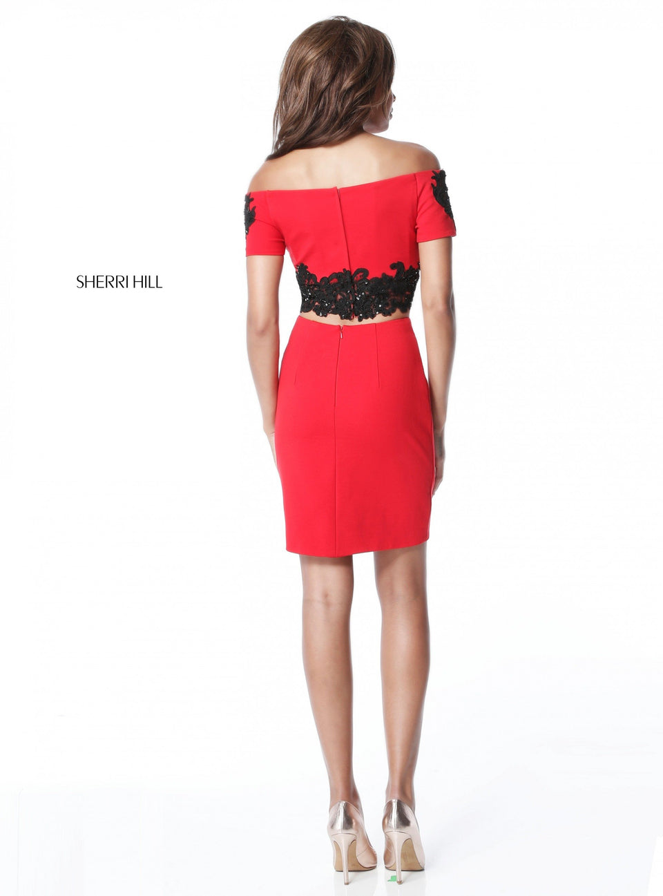 Sherri Hill Stretch Scuba Two Piece With Off Shoulder Bodice With Lace Appliques