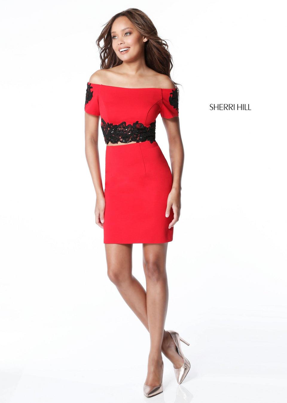 sherri hill Stretch scuba two piece with off shoulder bodice with lace appliques