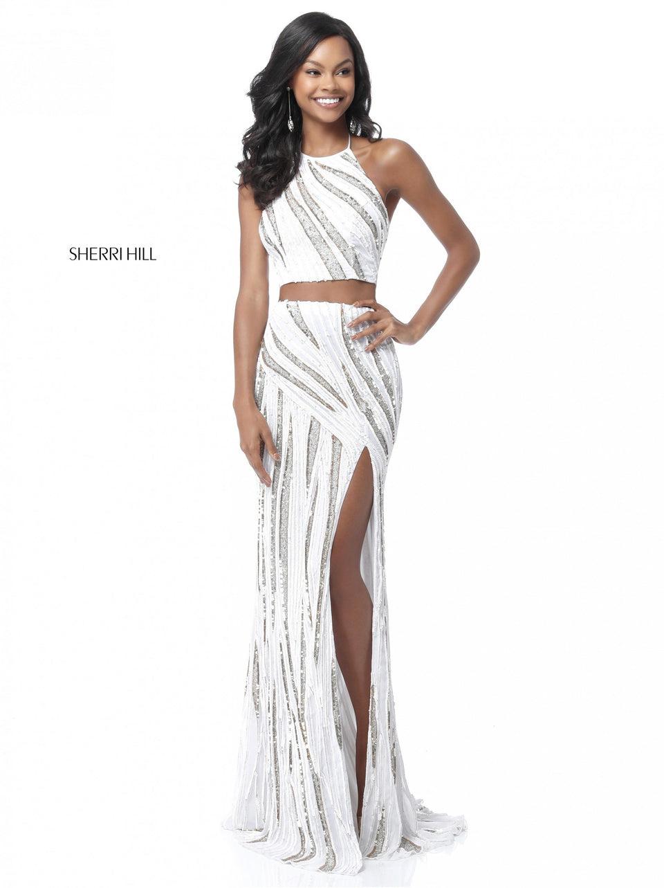 Sherri Hill Striped Beaded Two Piece With Slit Skirt