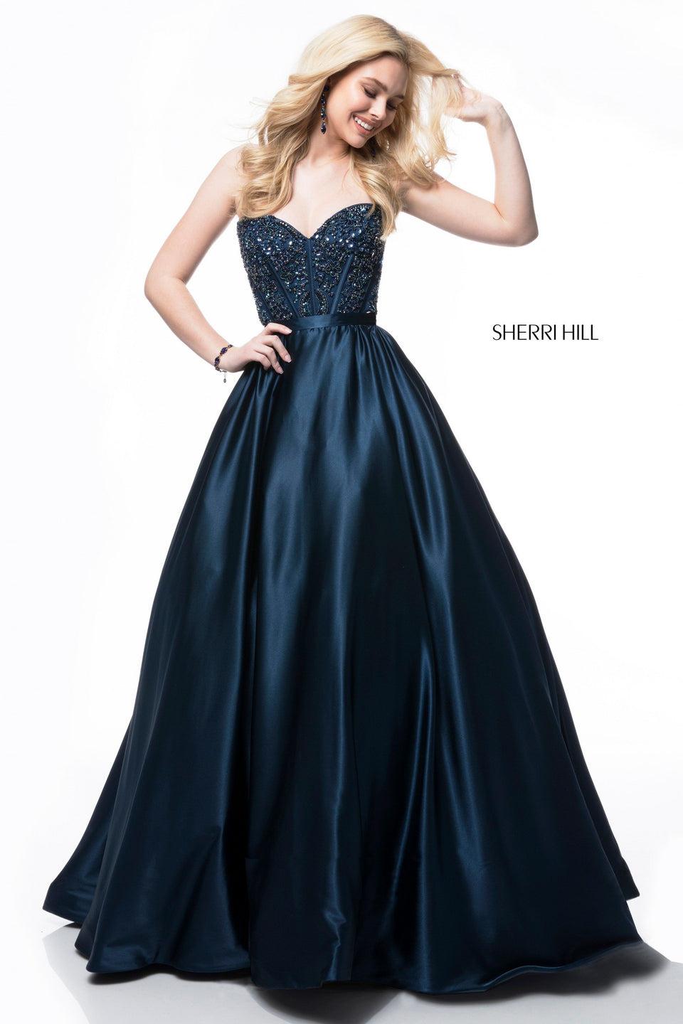 sherri hill Sweetheart beaded corset bodice with satin ball gown skirt