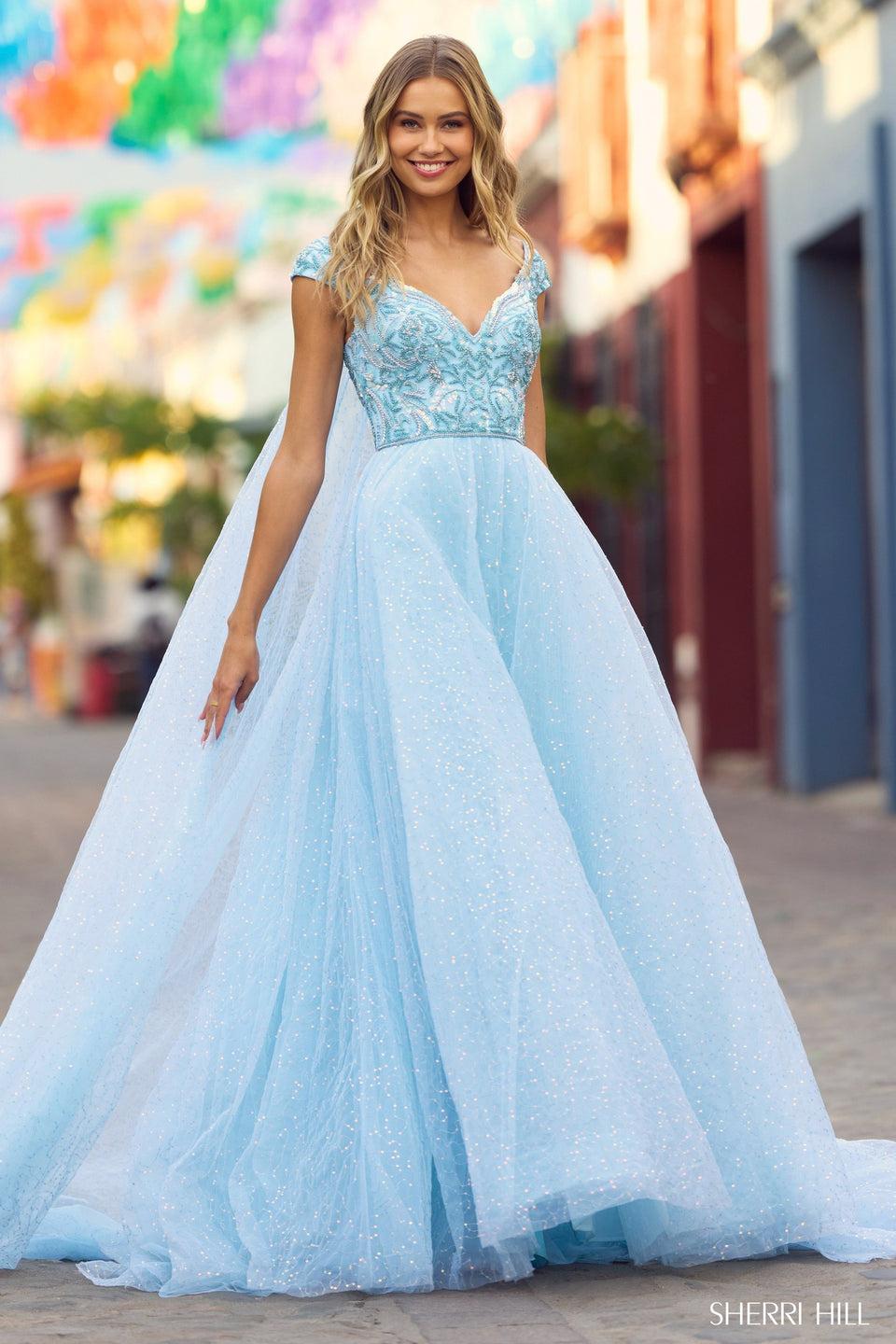 sherri hill Sweetheart beaded neckline ballgown with sequin tulle skirt and cape