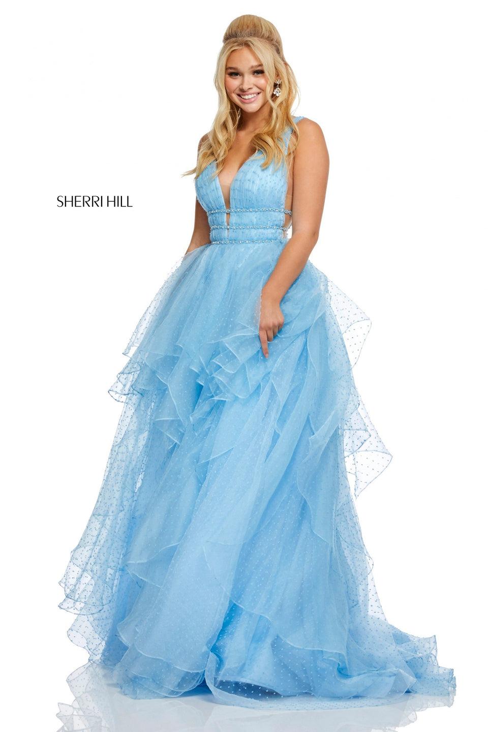 sherri hill Swiss dot ball gown with layered skirt plunging neckline and jewel encrusted waistbands