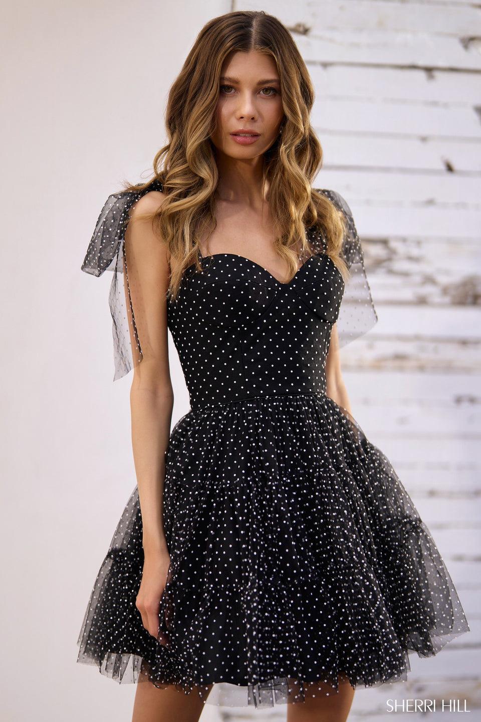 Sherri Hill Swiss Dot Fabric Cocktail Dress With Bow Ties On Straps