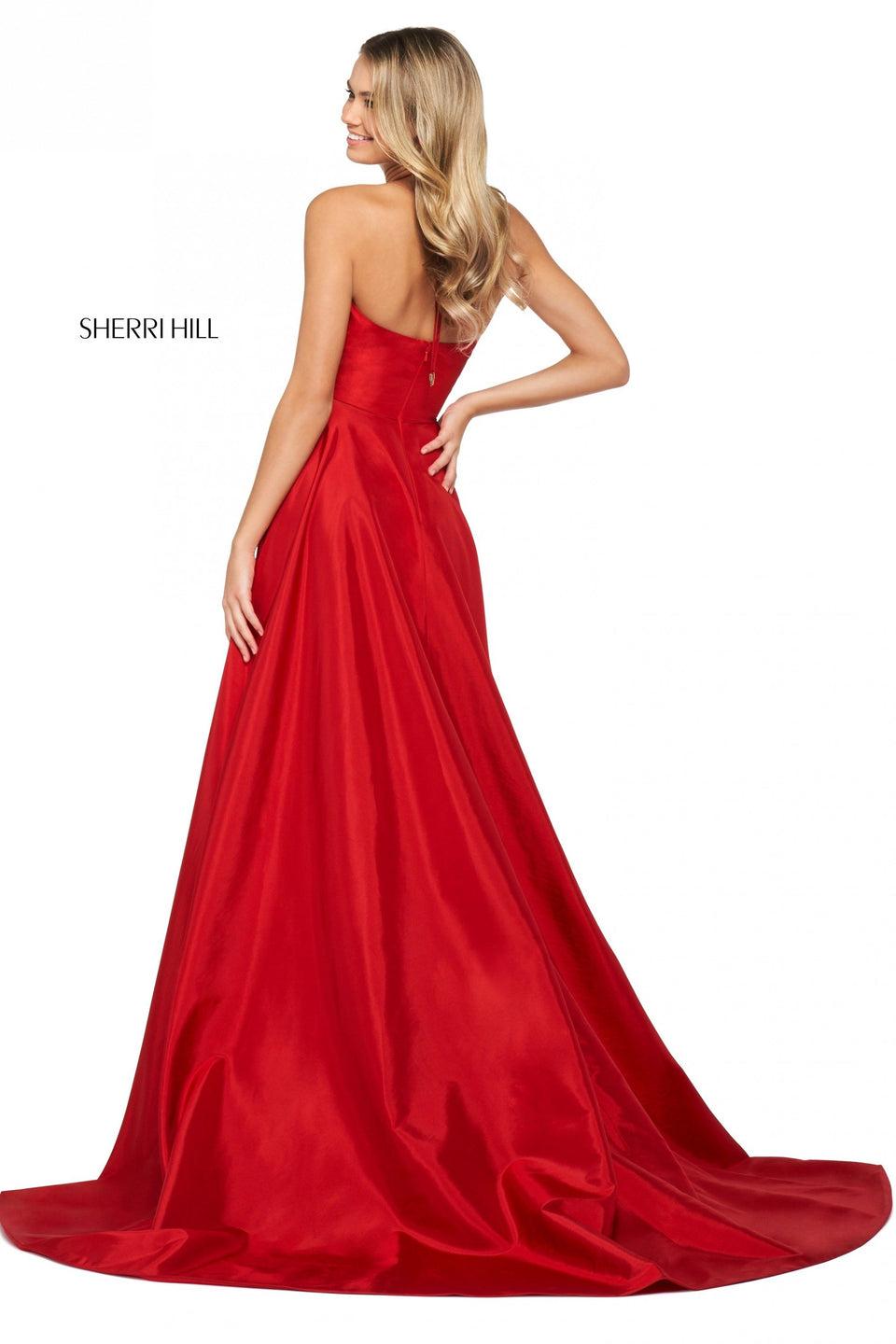 Sherri Hill Taffeta A-line Dress With High Slit Skirt And Deep V Halter Neckline