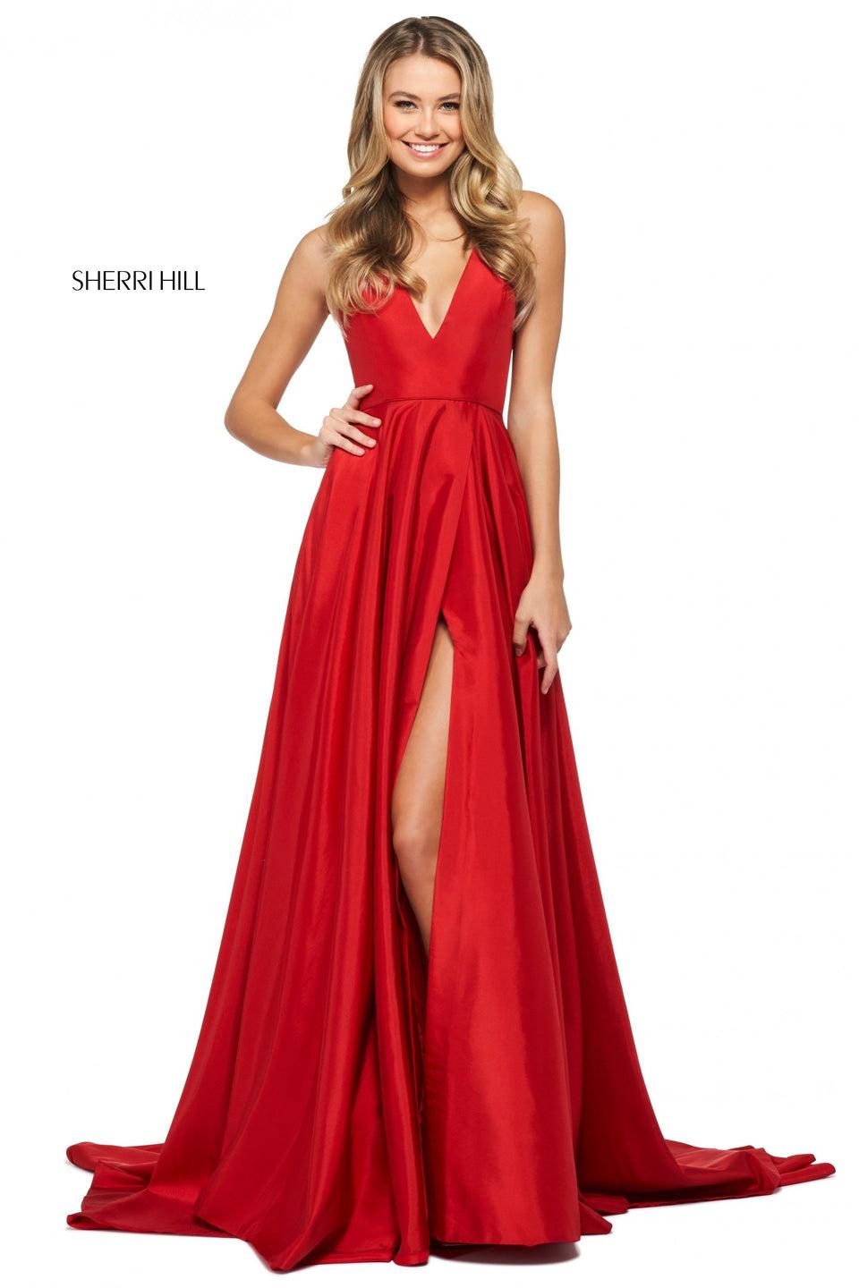 sherri hill Taffeta A-line dress with high slit skirt and deep V halter neckline