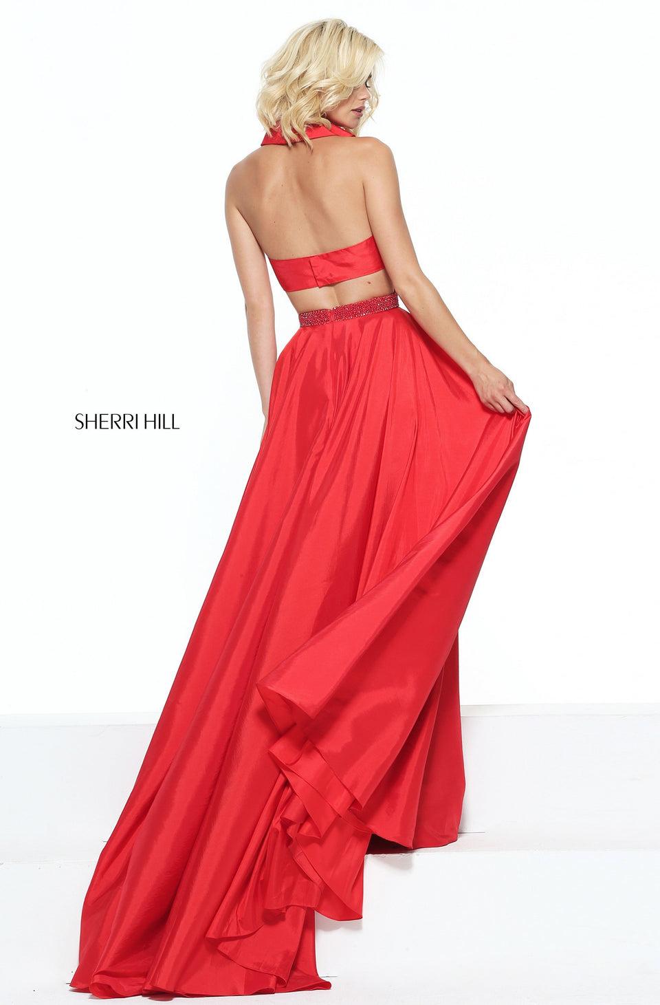 Sherri Hill Taffeta A-line Gown With A Halter Ruffle Bodice And A Beaded Waist Band