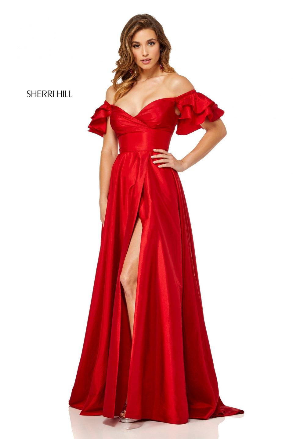 Sherri Hill Taffeta A-line Gown With A Ruffle Off The Shoulder Bodice