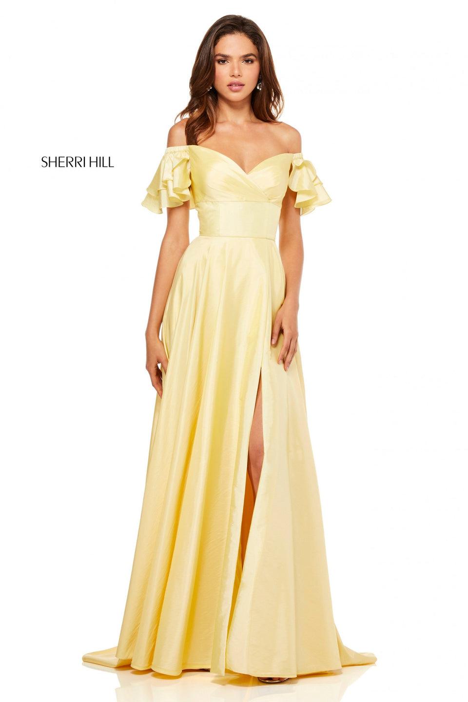 sherri hill Taffeta A-line gown with a ruffle off the shoulder bodice