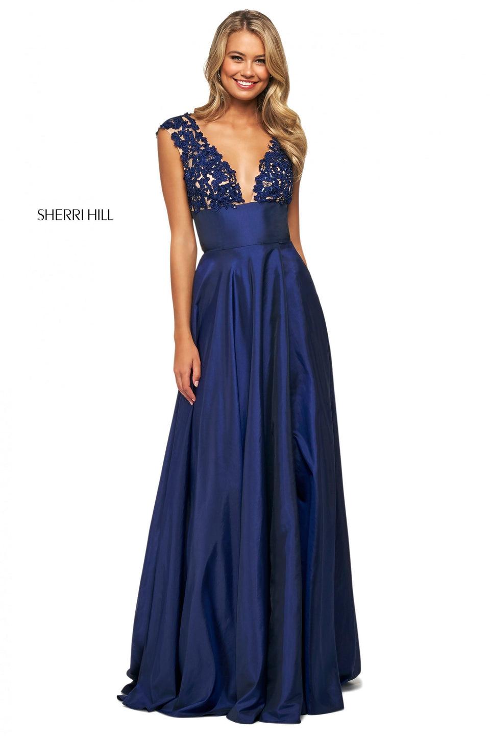 sherri hill Taffeta A-line gown with beaded lace plunging neckline bodice and open lace up back