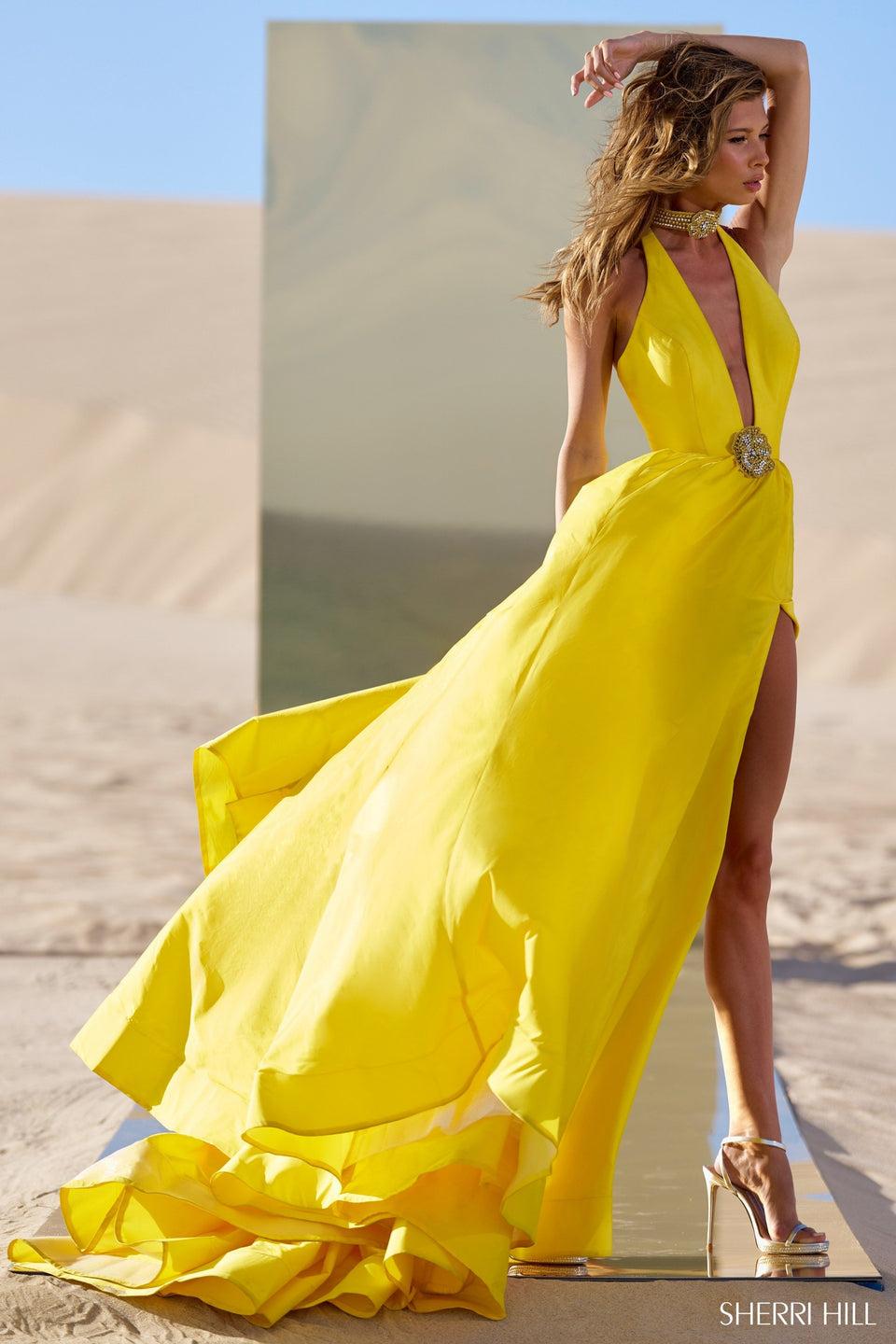 Sherri Hill Taffeta A-Line Gown With Deep V Neckline Skirt Slit And Beaded Choker