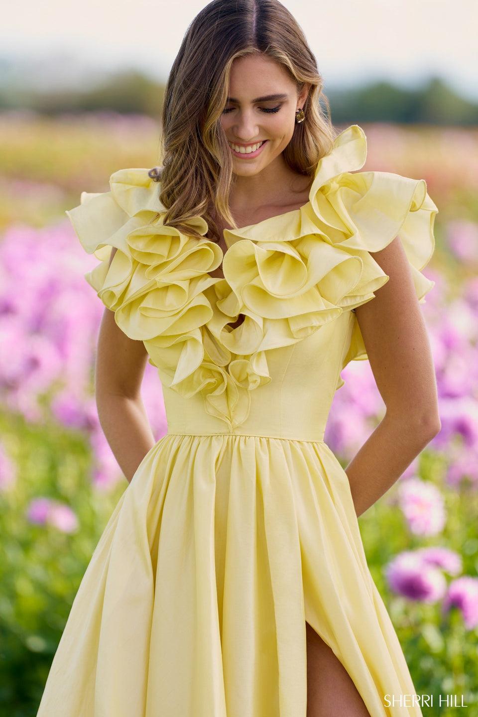 Sherri Hill Taffeta A-line Gown With Skirt Slit And Ruffle Neckline