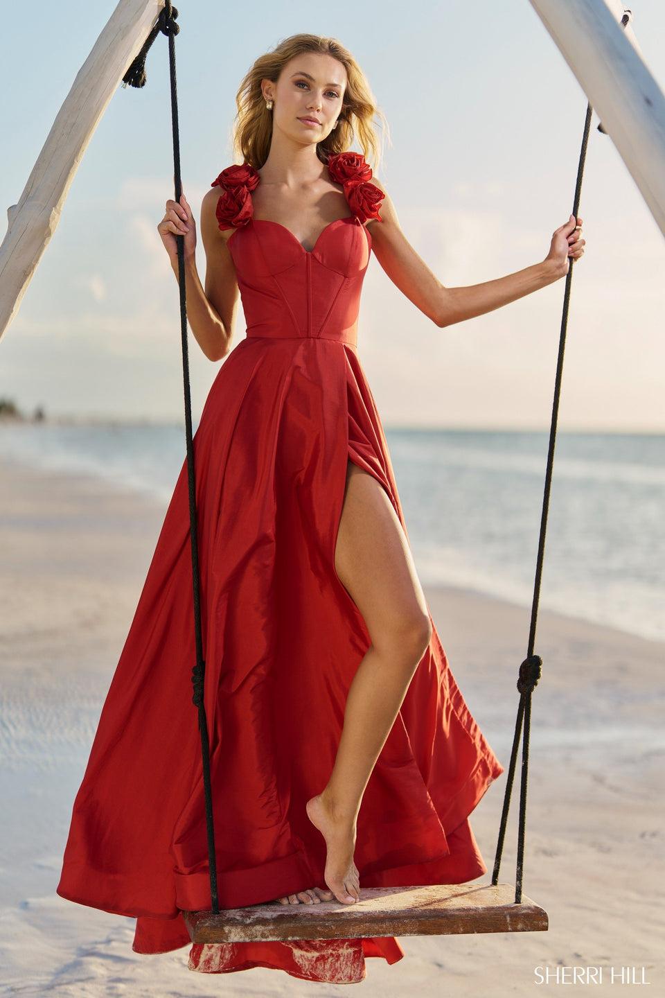 sherri hill Taffeta A-line gown with skirt slit rosette embellished straps corset and lace up back