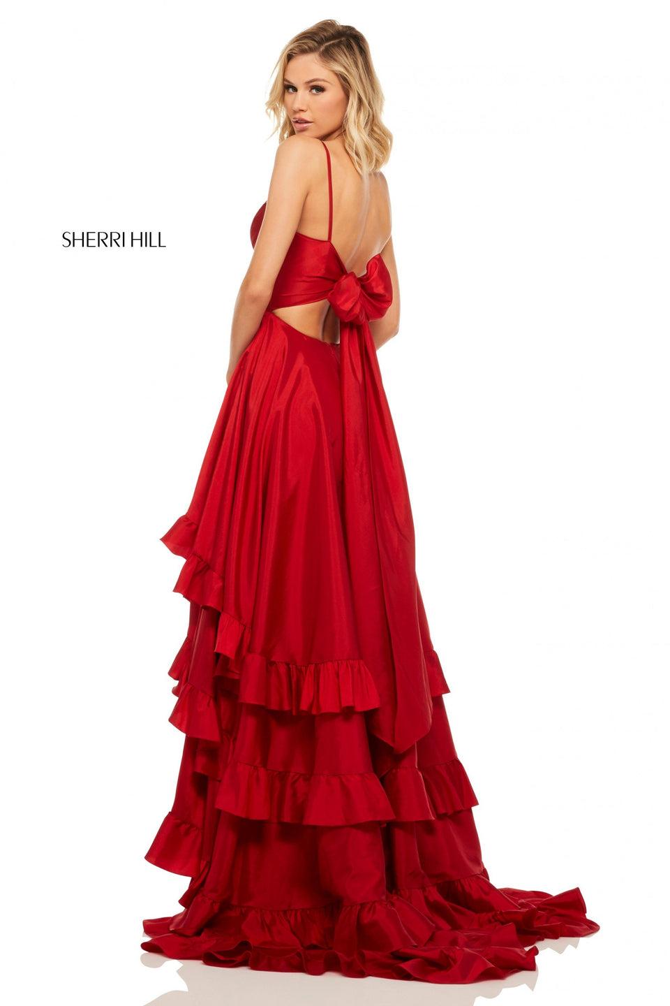 Sherri Hill Taffeta A-line With Ruched Bodice And Layered Ruffle Front Slit