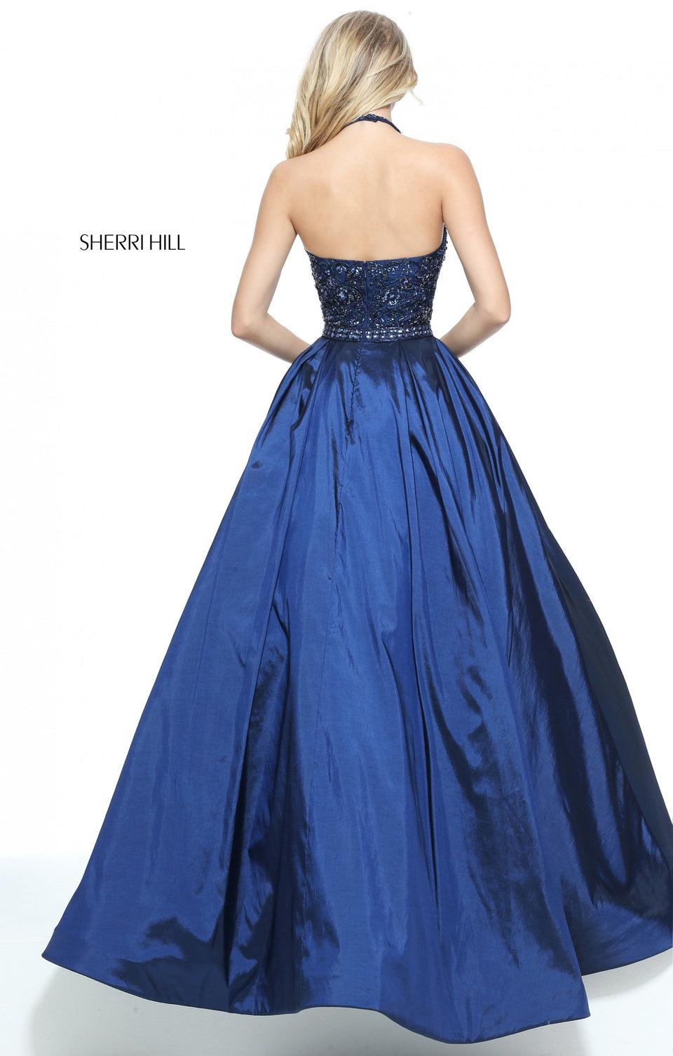 Sherri Hill Taffeta Ball Gown With A High Neck Halter Beaded Bodice