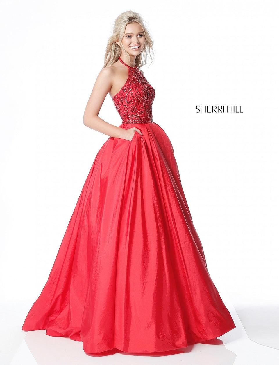 Sherri Hill Taffeta Ball Gown With A High Neck Halter Beaded Bodice