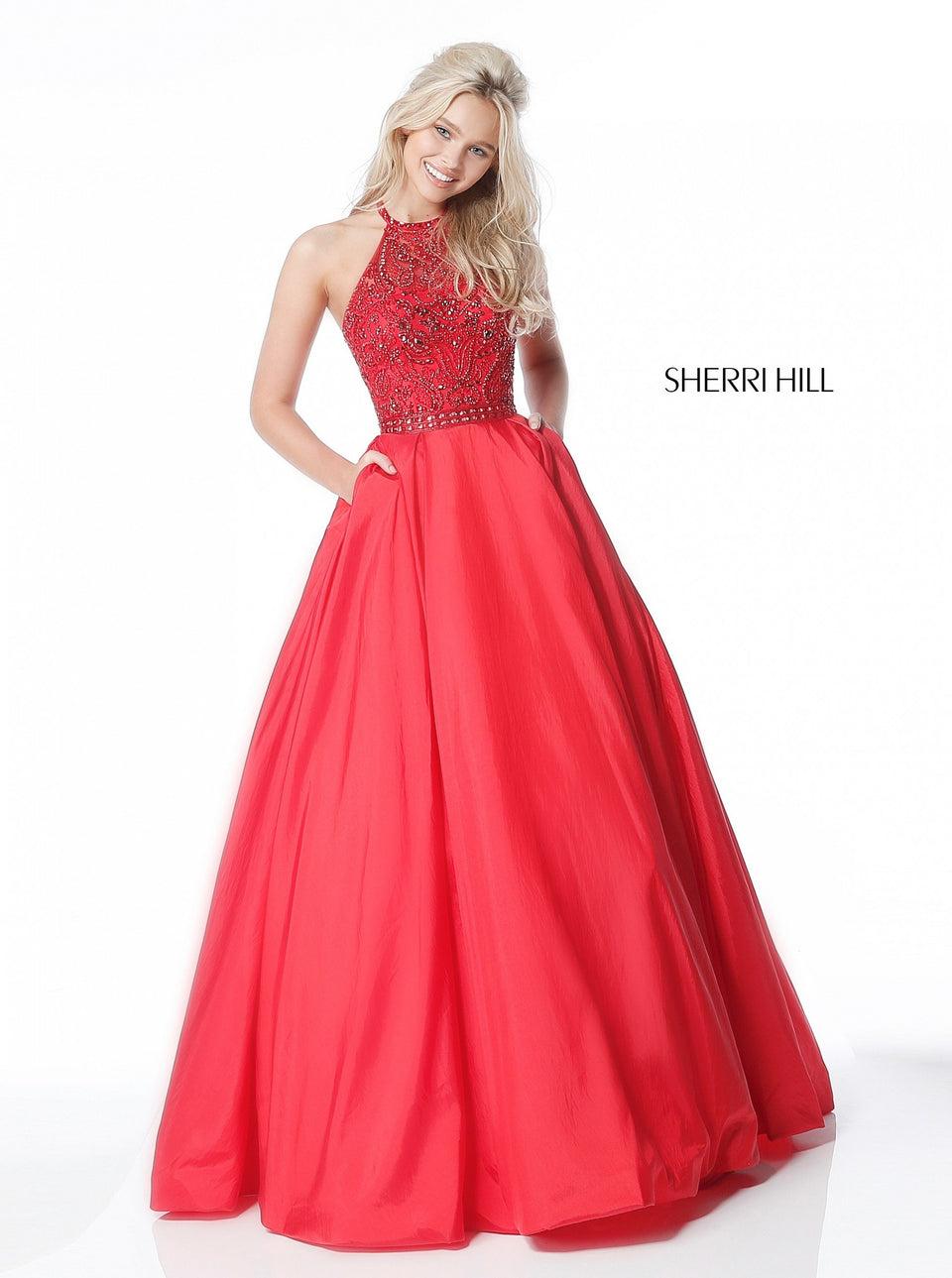 Sherri Hill Taffeta Ball Gown With A High Neck Halter Beaded Bodice