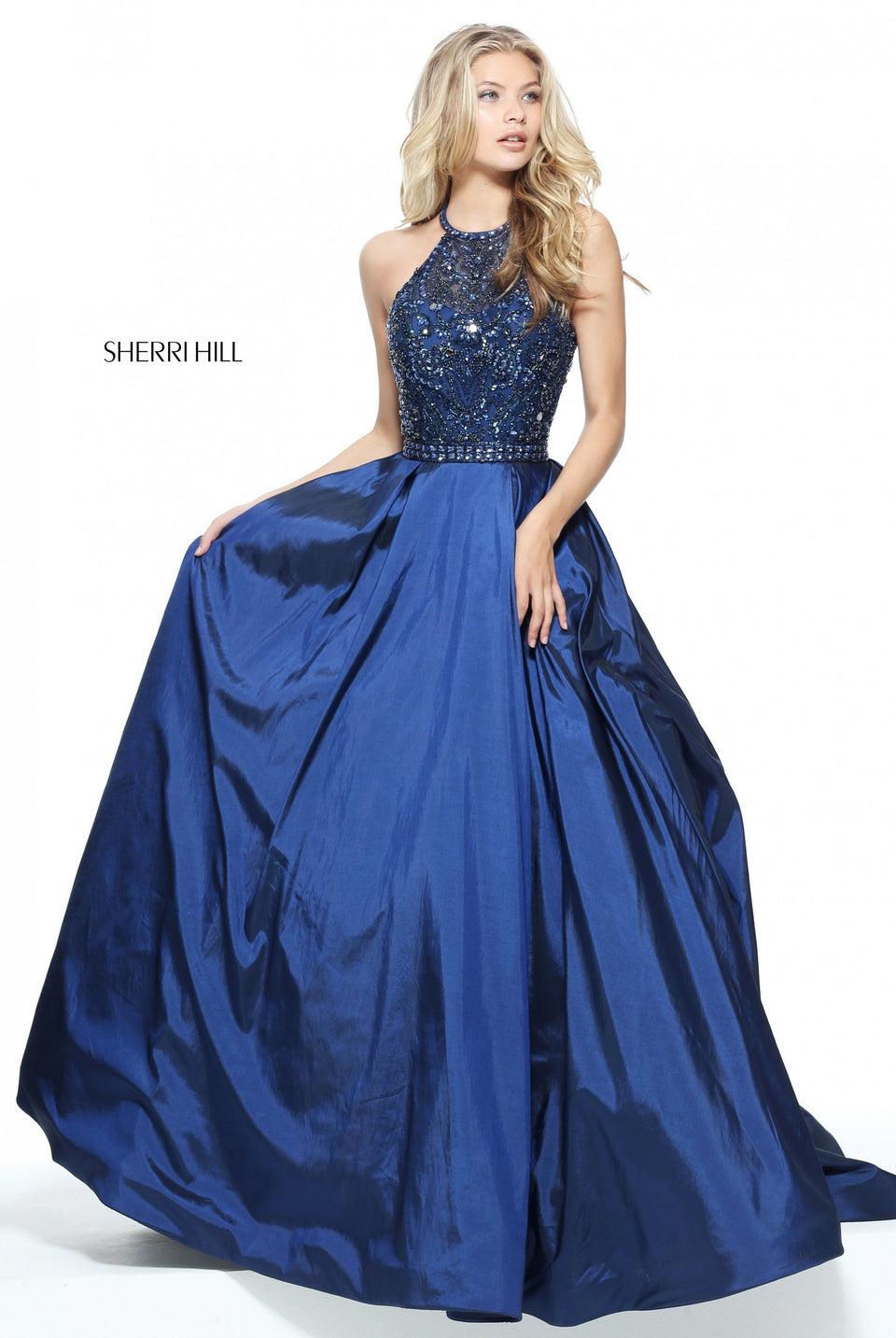 sherri hill Taffeta ball gown with a high neck halter beaded bodice
