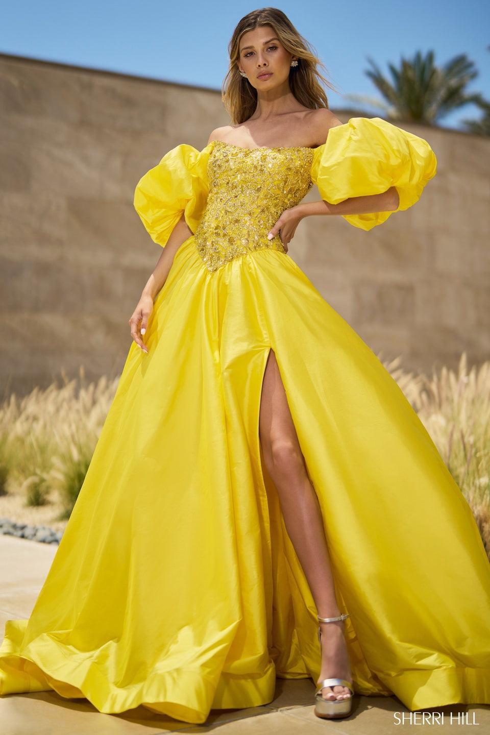 Sherri Hill Taffeta Ball Gown With Beaded Bodice And Ballon Sleeves
