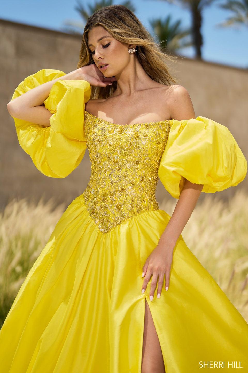 sherri hill Taffeta ball gown with beaded bodice and ballon sleeves
