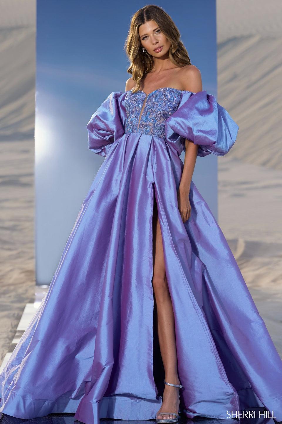 sherri hill Taffeta ball gown with beaded bodice and ballon sleeves