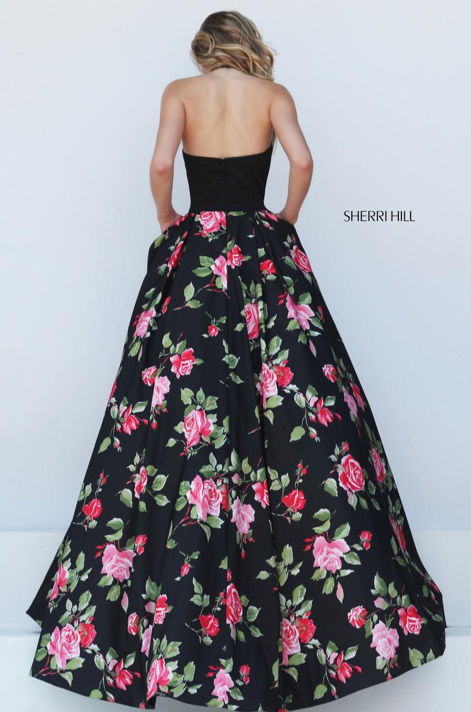 Sherri Hill Taffeta Ball Gown With Halter Bodice And Floral Print Skirt