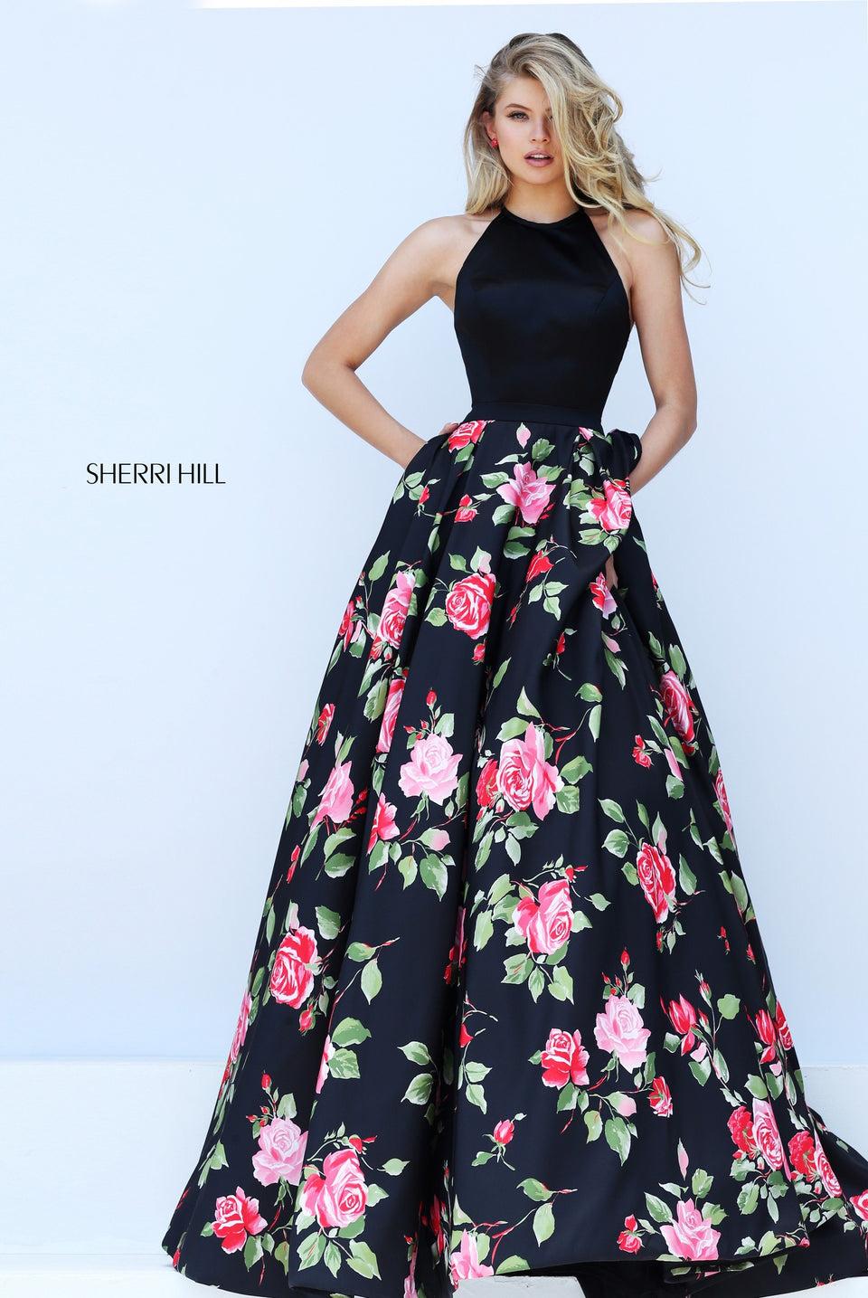 Sherri Hill Taffeta Ball Gown With Halter Bodice And Floral Print Skirt