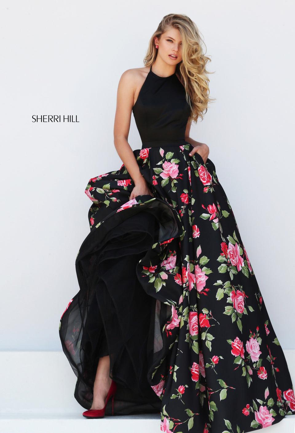 sherri hill Taffeta ball gown with halter bodice and floral print skirt