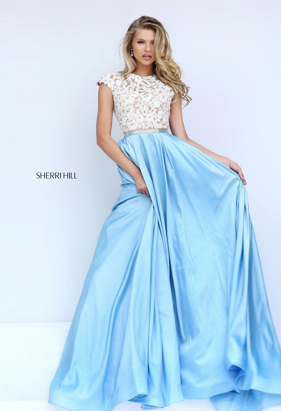 sherri hill Taffeta ball gown with lace cap sleeve bodice