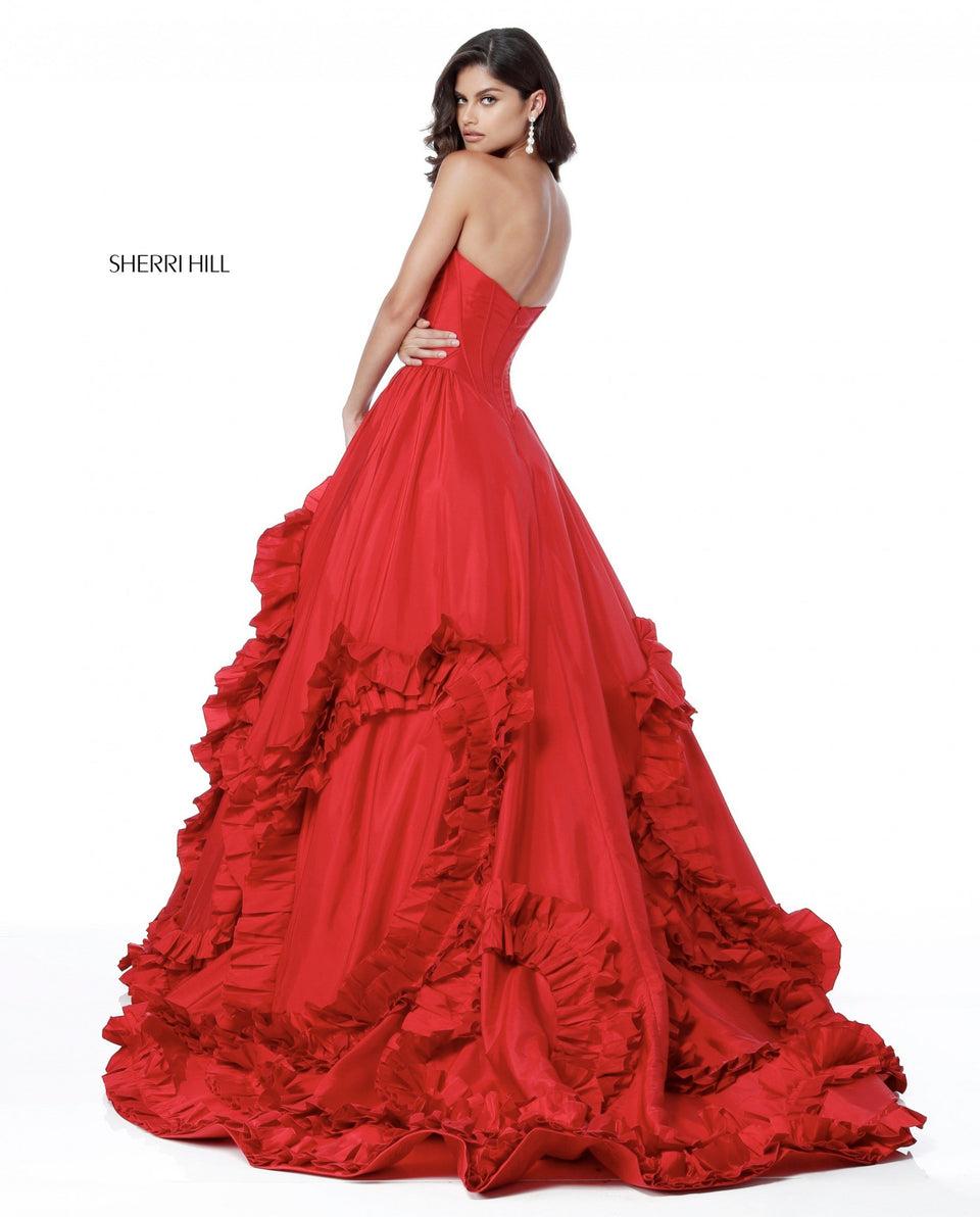 sherri hill Taffeta ball gown with strapless sweetheart bodice and ruffle skirt
