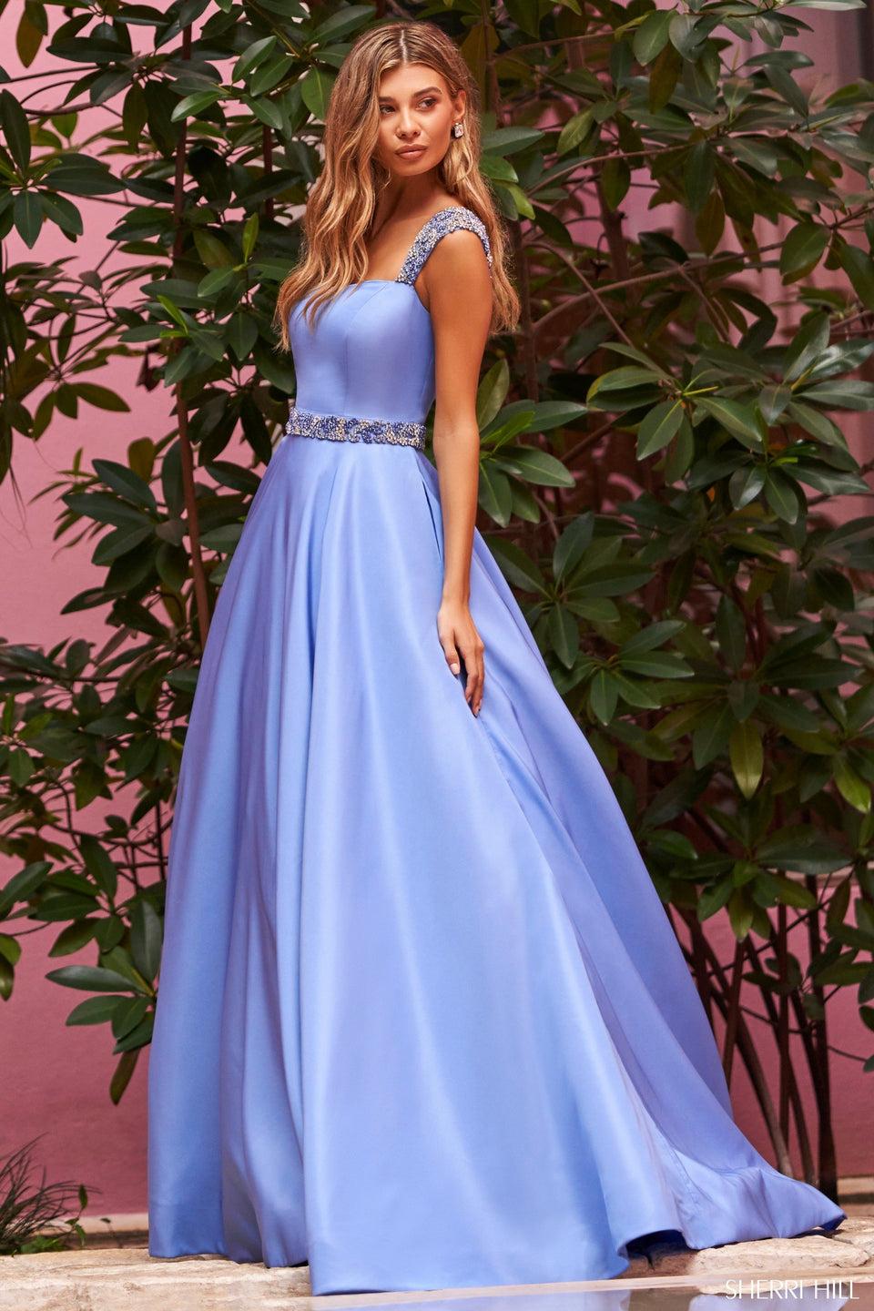 sherri hill Taffeta ballgown with beaded cap sleeves and belt