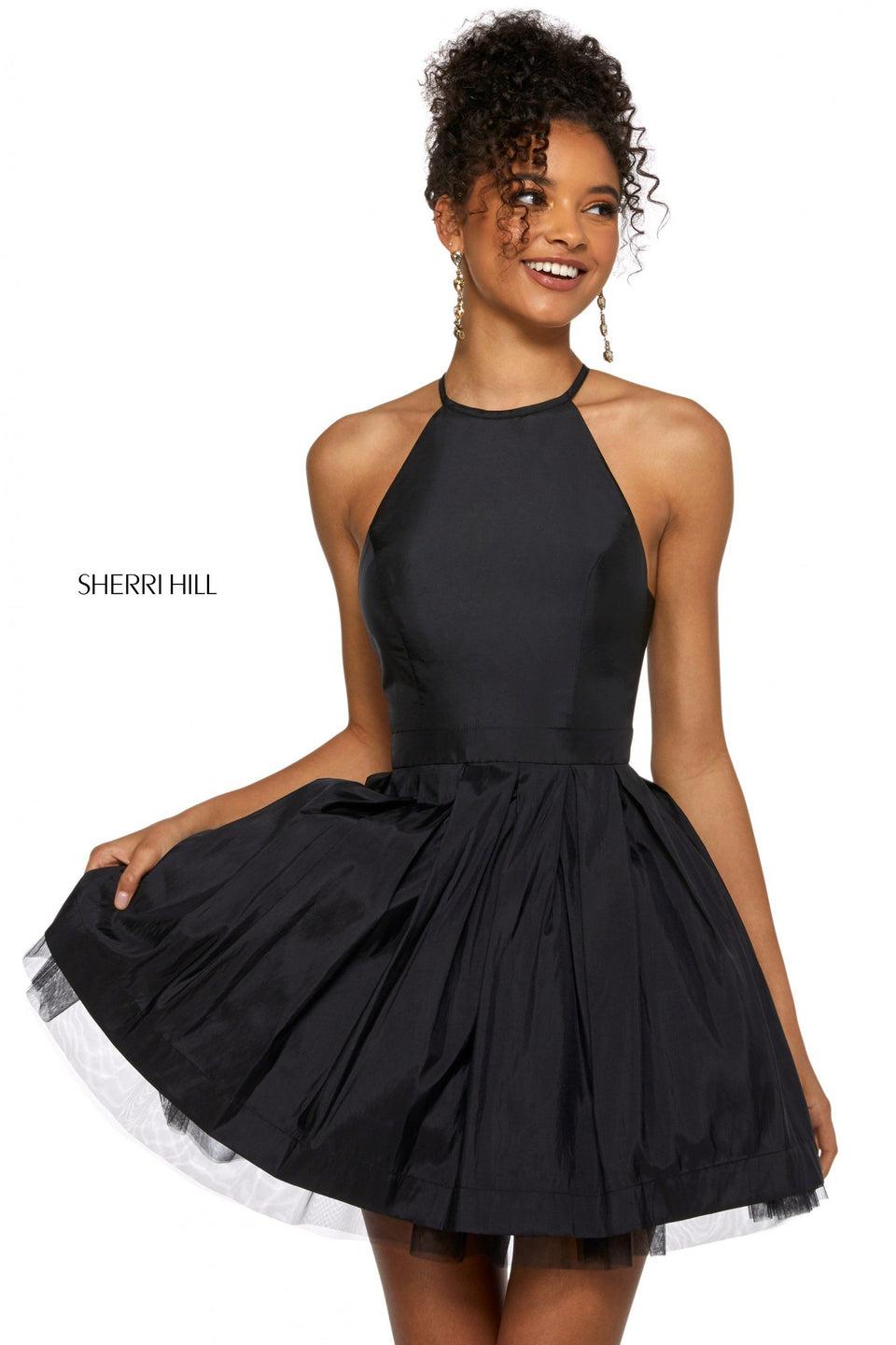 Sherri Hill Taffeta Cocktail Dress With High Halter Style Neckline Illusion Side Cut Outs And Full A-line Skirt