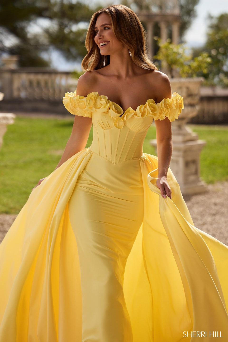 Sherri Hill Taffeta Gown With Off The Shoulder 3D Flower And Over Skirt