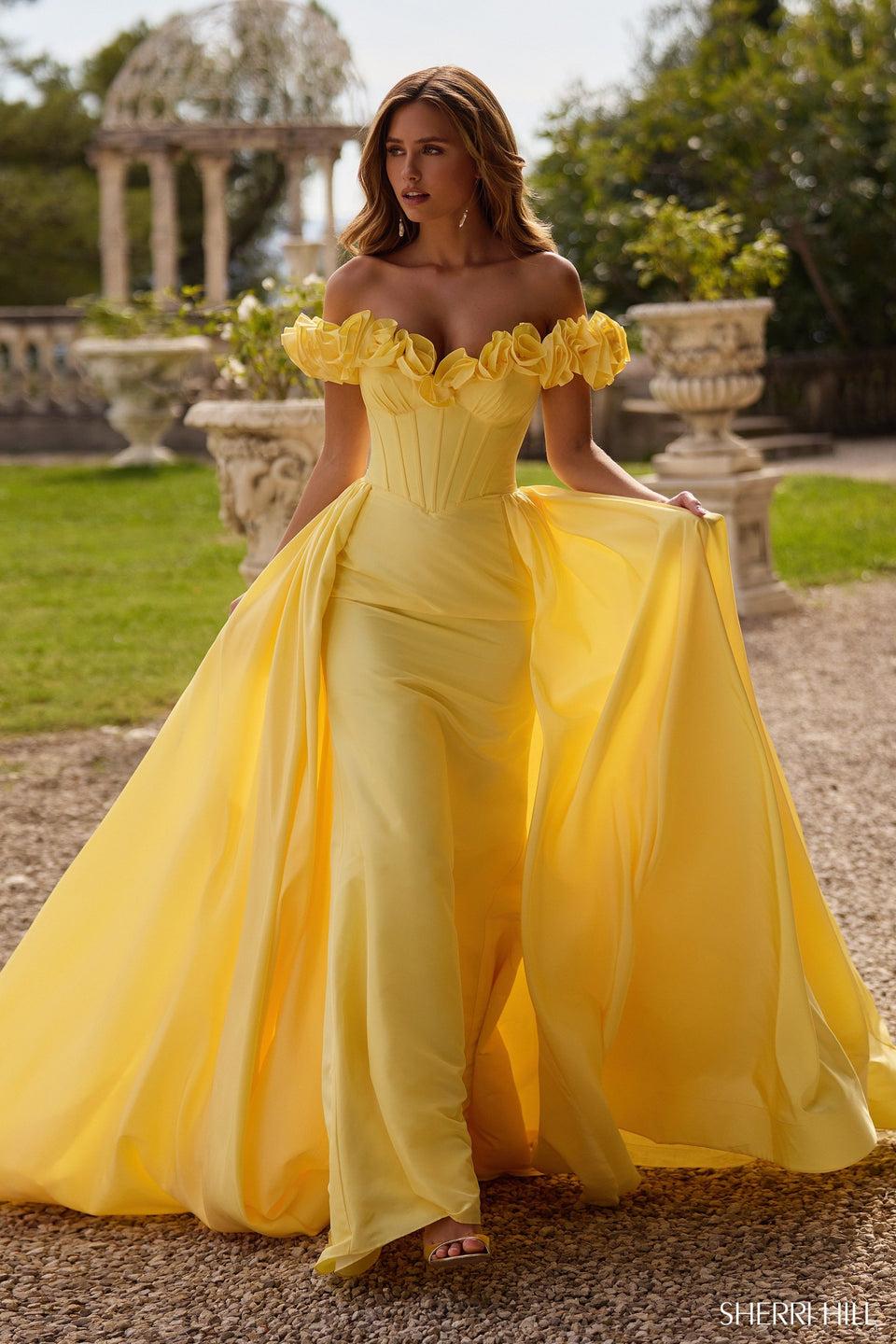 Sherri Hill Taffeta Gown With Off The Shoulder 3D Flower And Over Skirt