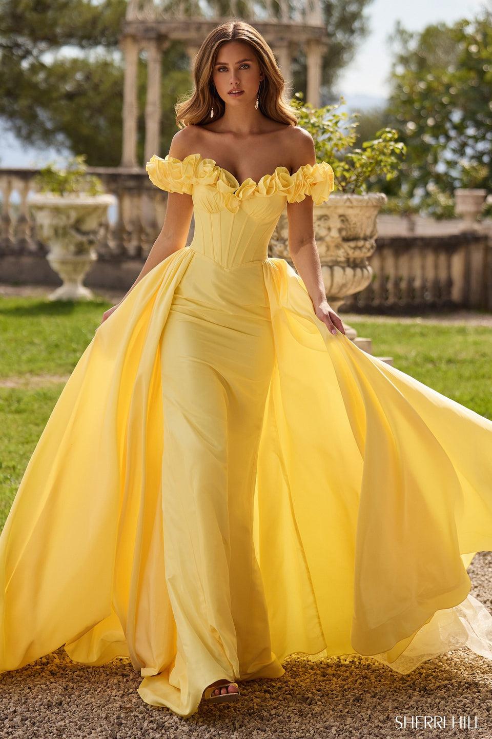 sherri hill Taffeta gown with off the shoulder 3D flower and over skirt