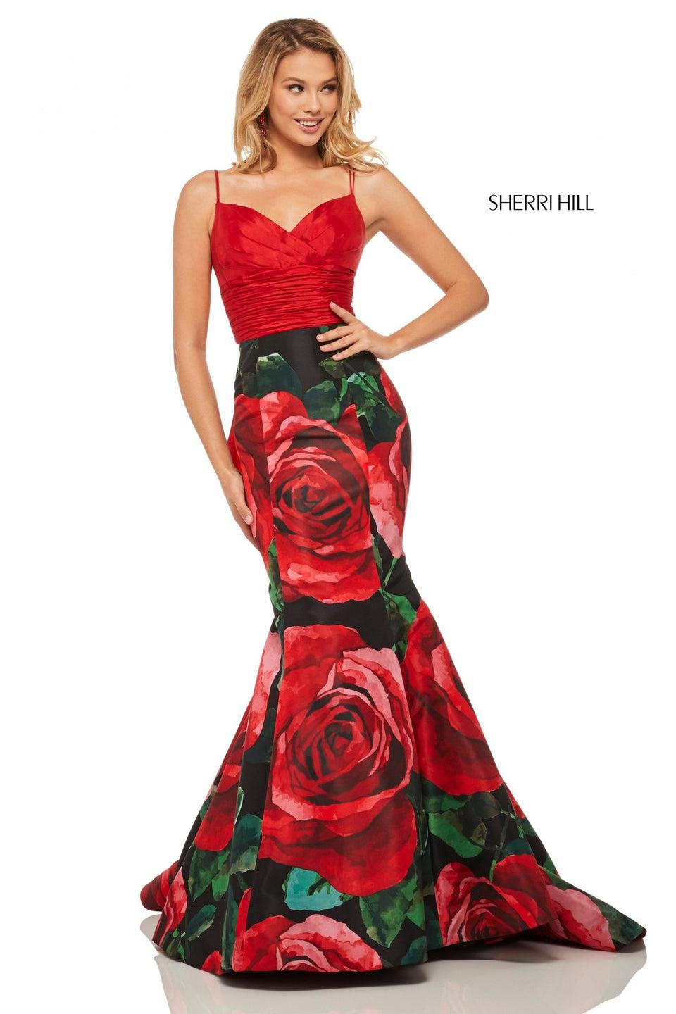 Sherri Hill Taffeta Mermaid Dress With Rose Print Skirt Ruched Bodice With Back Cut Out And Bow In The Back